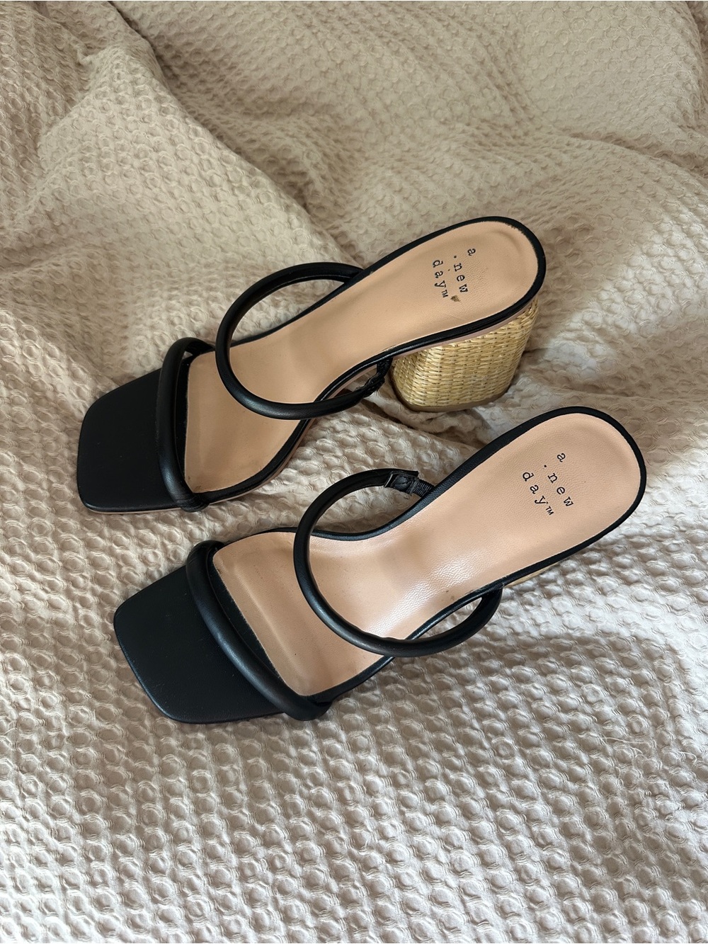 a new day Black Double-Strap Block Heel Sandals with Woven Gold Heel